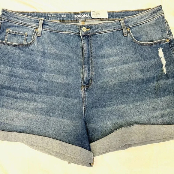 NWT SONOMA Women High Rise Blue Rolled Cuff Distressed Denim Mom Shorts Plus 24W - Picture 1 of 5